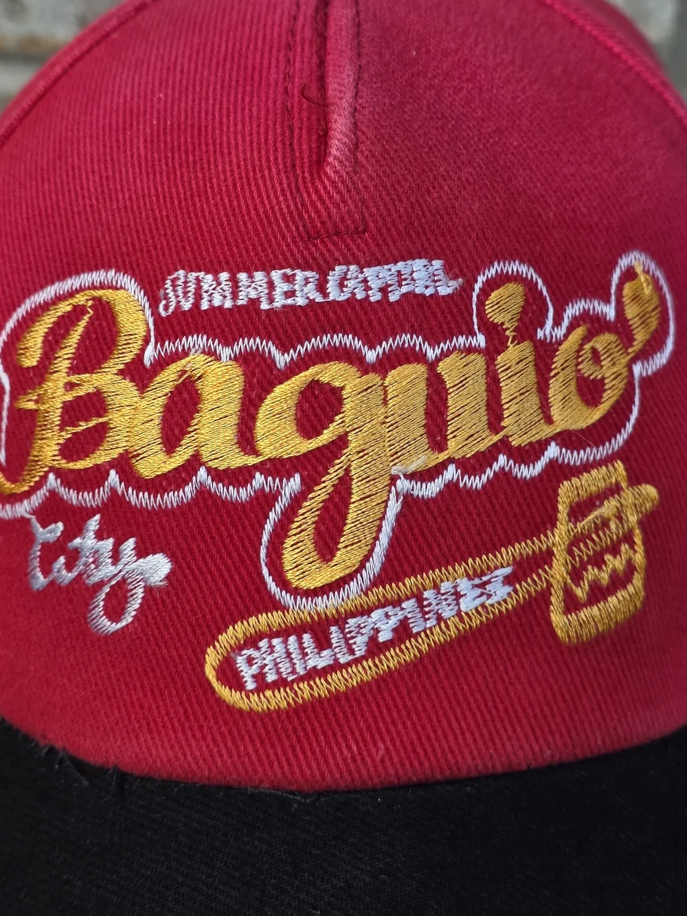Vintage Baguio City Philippines Souvenir Strapback Hat Red Black Embroidered Y2K